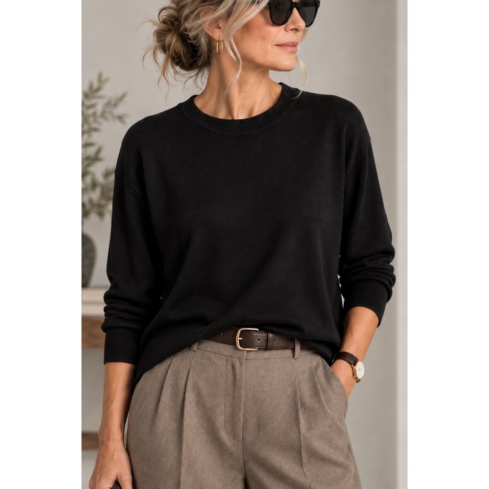 Kevo Black 100% Silk 2-Ply Crewneck Long Sleeve Sweater Womens Large Minimalist
